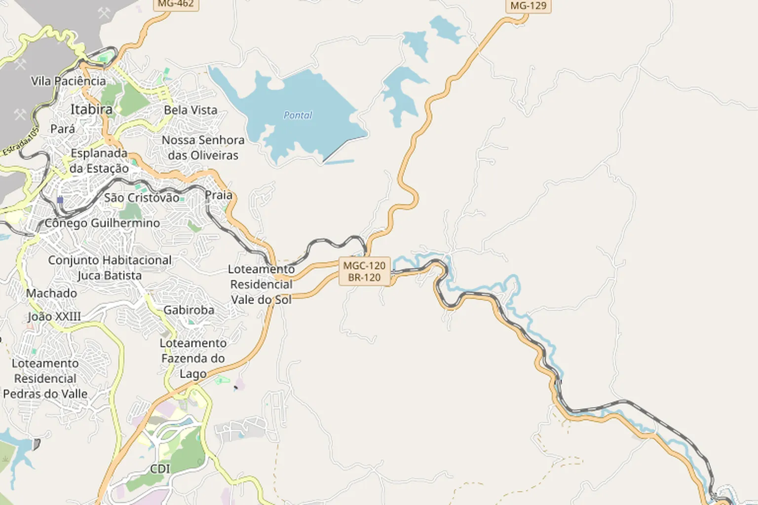 Mapa da região de Itabira, com a saída pela MG-129 em direção a Santa Maria de Itabira